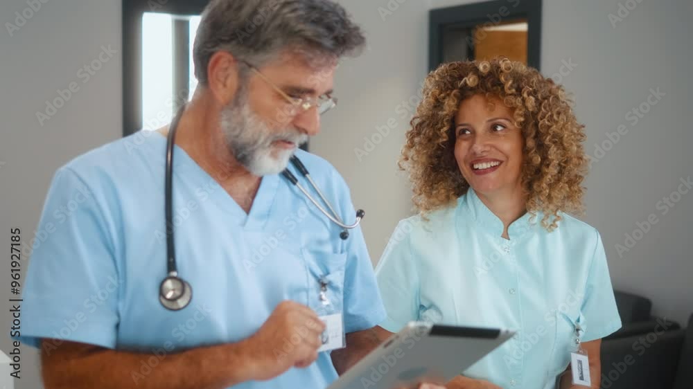 Elderly doctor and nurse meeting in hospital corridor discussing test results on digital tablet Elderly doctor and nurse meeting in hospital corridor discussing test results on digital tablet