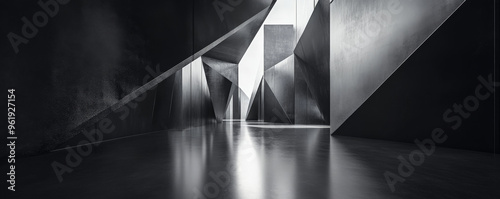 A dramatic 3D black interior with sharp, angular walls and reflective floors. The interplay of light and shadow enhances the depth and dimension of the space. photo