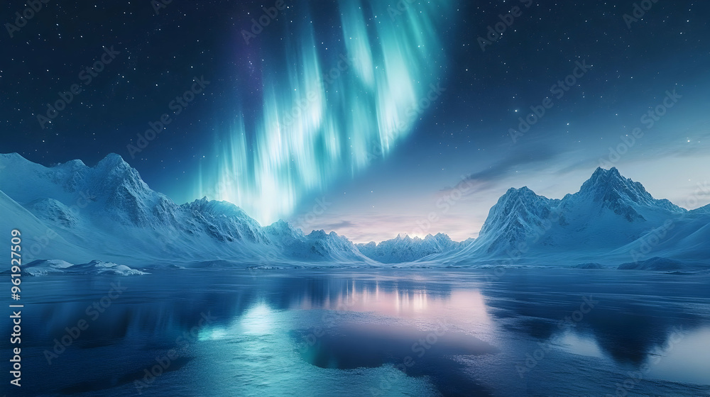 Naklejka premium 3D Aurora Borealis Border Frame with Snowy Mountains & Copy Space - Stunning Northern Lights Design for Nature-Themed Projects