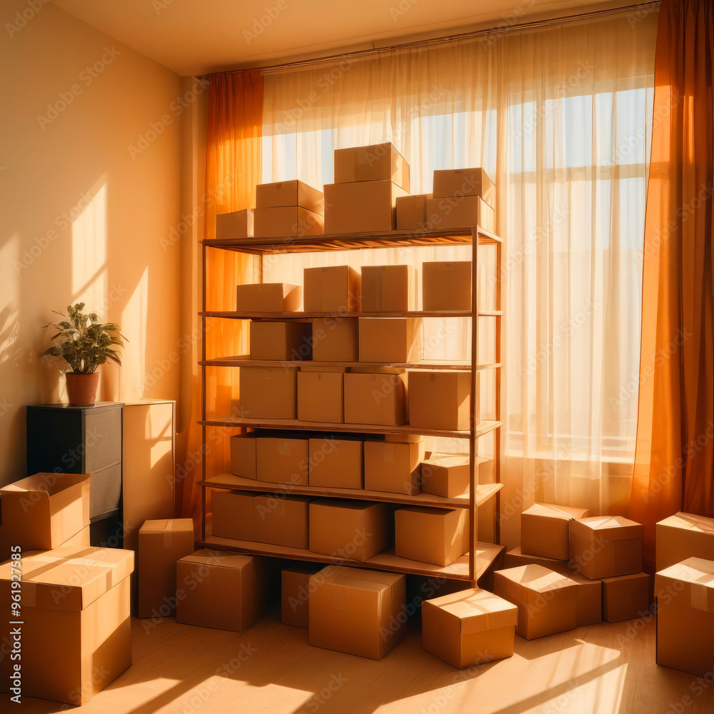 Cardboard boxes in empty room of new house in sunlight Cardboard boxes in empty room of new house in sunlight