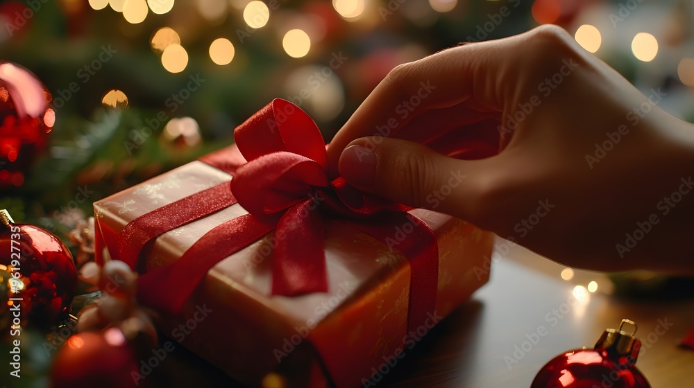Hand-Tying Ribbon on Gift Box: A detailed shot of a hand carefully tying a ribbon on a gift box, with festive decorations in the background.
Hand-Tying Ribbon on Gift Box: A detailed shot of a hand carefully tying a ribbon on a gift box, with festive decorations in the background.