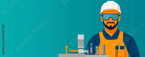 Machinist with precision tools, protective goggles, flat design illustration