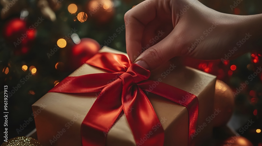 Hand-Tying Ribbon on Gift Box: A detailed shot of a hand carefully tying a ribbon on a gift box, with festive decorations in the background.
