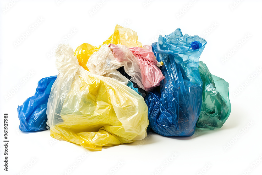 Variety of plastic rubbish bag with plastic bottle isolated on white background, Pile of garbage on white. Variety of plastic rubbish bag with plastic bottle isolated on white background, Pile of garbage on white.