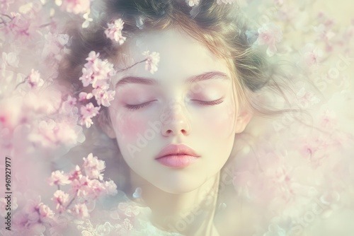 Woman with Closed Eyes Surrounded by Delicate Pink Flowers