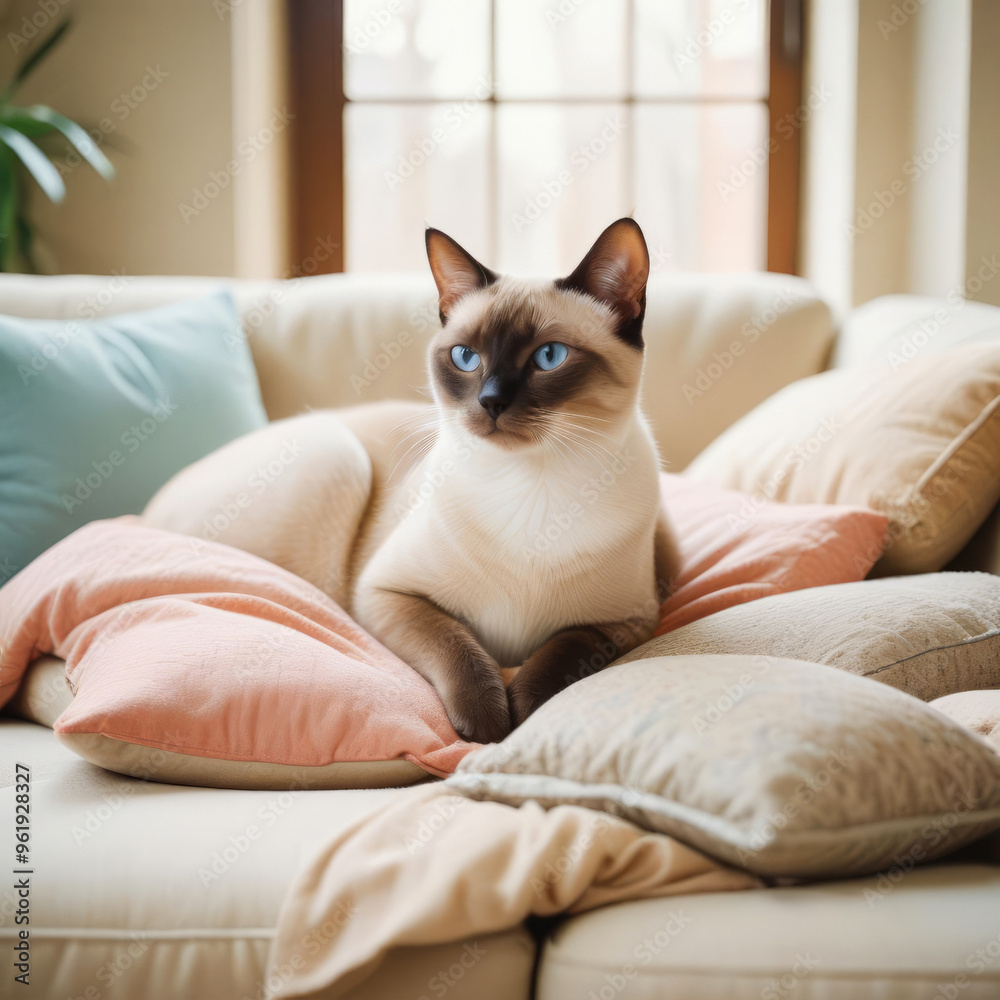 Thai cat lies on light sofa in luxurious interior Thai cat lies on light sofa in luxurious interior
