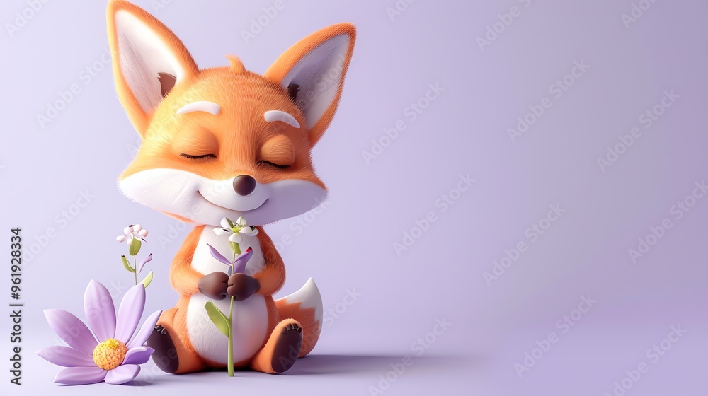 A cute cartoon fox smelling a flower on a purple background.
