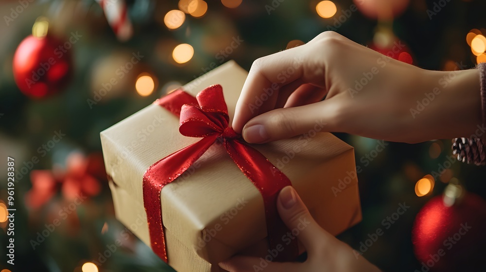 Hand-Tying Ribbon on Gift Box: A detailed shot of a hand carefully tying a ribbon on a gift box, with festive decorations in the background.
Hand-Tying Ribbon on Gift Box: A detailed shot of a hand carefully tying a ribbon on a gift box, with festive decorations in the background.