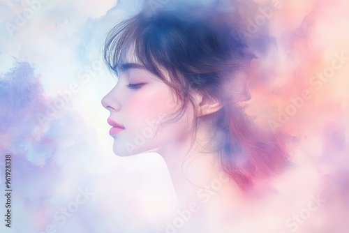 A woman's profile with closed eyes amidst dreamy clouds