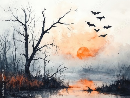 A haunting landscape at sunset with bats flying over a misty marsh, capturing the essence of twilight and nature's eerie tranquility. photo