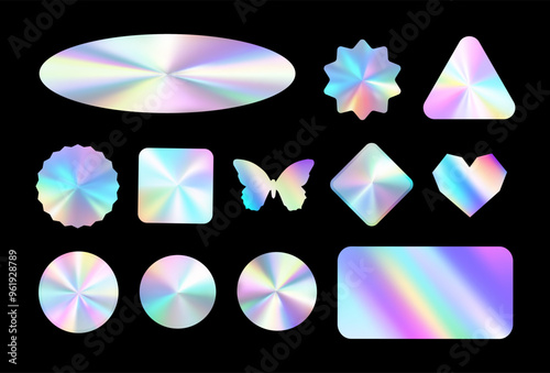 A set of holographic sticker templates in different shapes to create metallic stickers, certifications with a bright rainbow gradient.