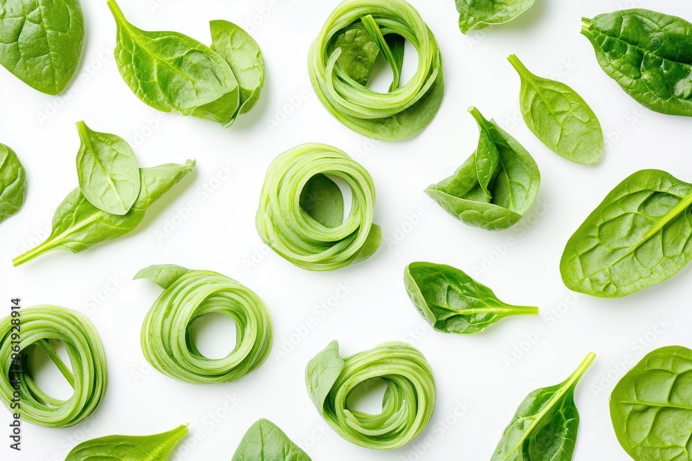 Obraz premium Spinach and spinach noodles in creative arrangement on white background Flat lay photography Concept of food and macro photography