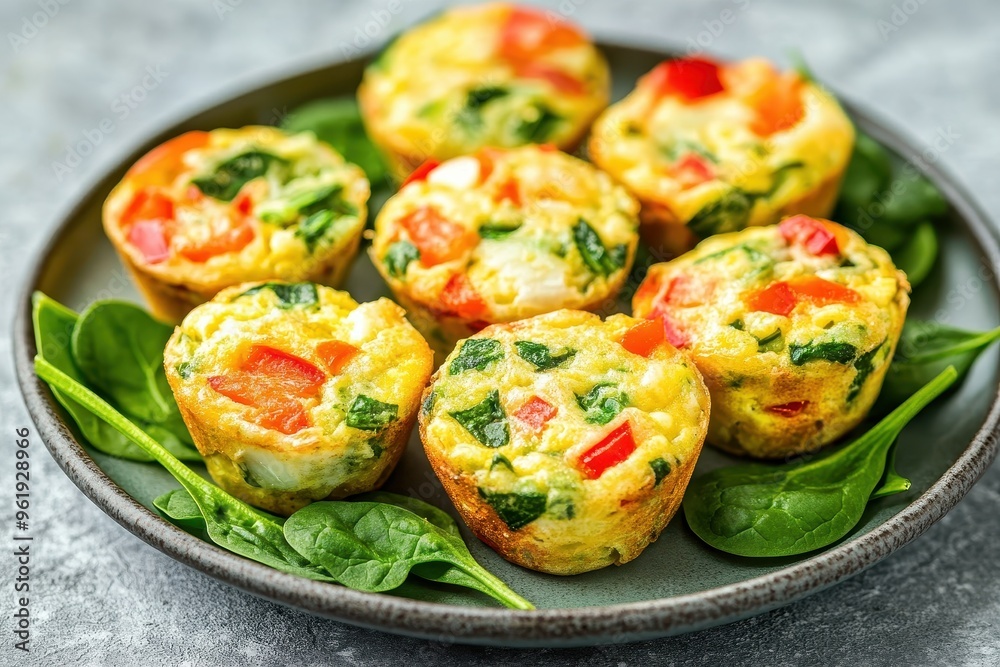 Spinach and vegetable egg muffins on gray plate Spinach and vegetable egg muffins on gray plate