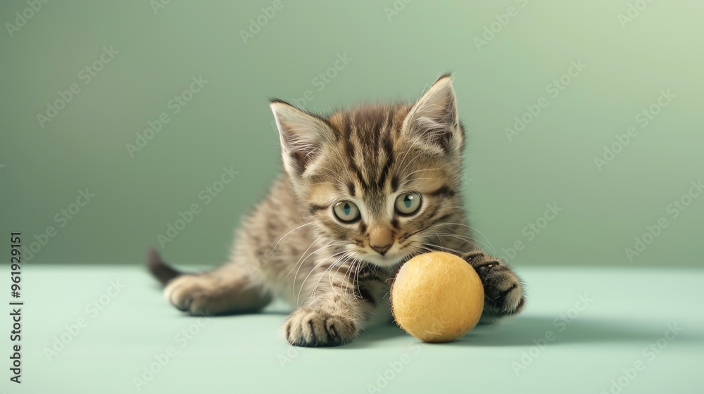 Fototapeta premium A tabby kitten playing with a yellow ball.