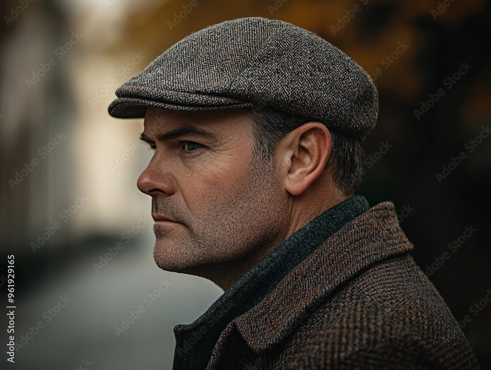 Portrait of a man wearing a tweed flat cap, the fabric's texture visible under soft natural lighting