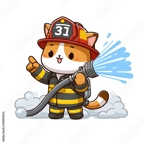 Cartoon Cat Firefighter Vector Icon Illustration Animal