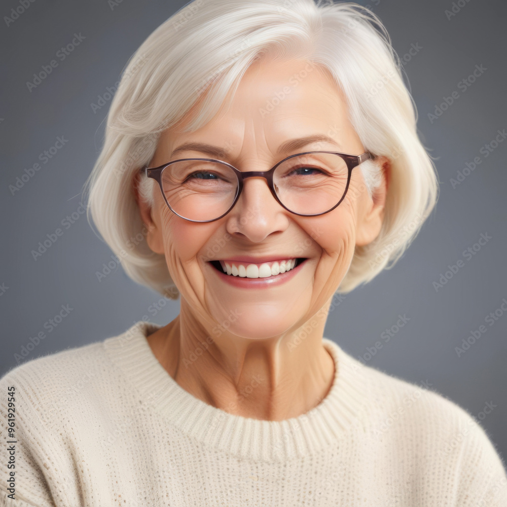 Portrait of a gray-haired elderly woman smiling broadly on grey background Portrait of a gray-haired elderly woman smiling broadly on grey background