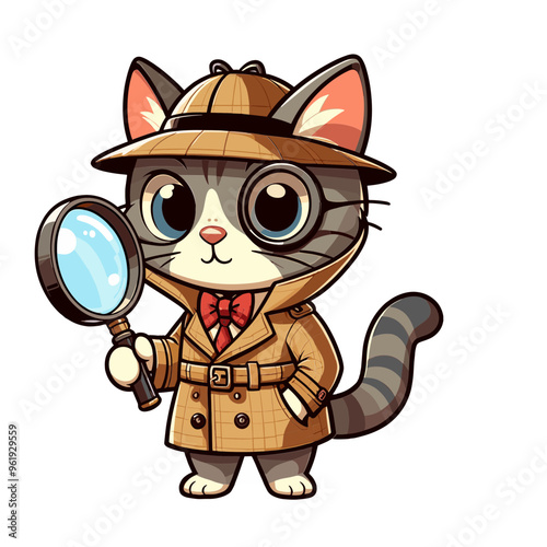 Cartoon Cat Detective Vector Icon Illustration Animal