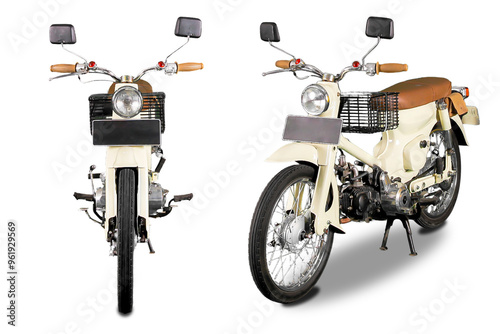 classic style motorbike with small 70cc engine, cream color with basket, white background photo