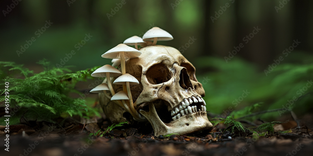Mushrooms Fungus Growing from a Human Skull, Old Bones Skeleton, Scary Death Horror Halloween Graphic Mushrooms Fungus Growing from a Human Skull, Old Bones Skeleton, Scary Death Horror Halloween Graphic