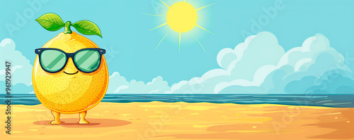 Banner of cartoon lemon with glasses on the beach, beach scene