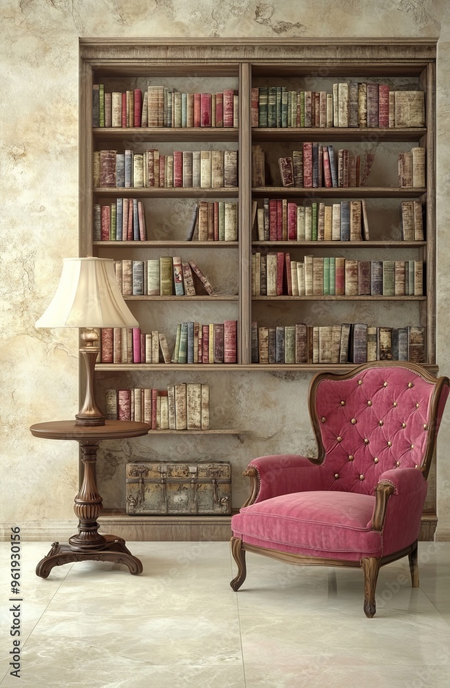 A comfortable armchair with a cushion, a lamp and a plant are on the coffee table in the living room A comfortable armchair with a cushion, a lamp and a plant are on the coffee table in the living room