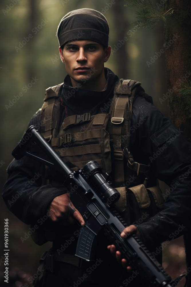 Fototapeta premium A soldier in camouflage stands alert in a lush forest, embodying bravery and determination. A man with a machine gun
