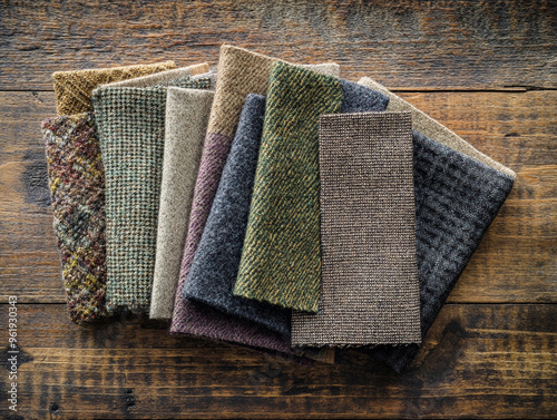 tweed swatches on a wooden surface, contrasting color palettes including earthy browns photo