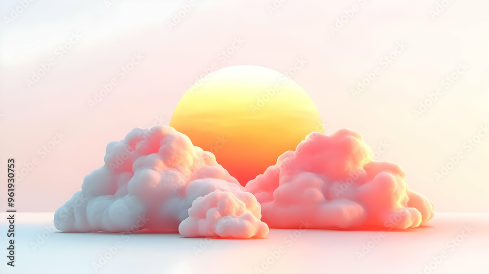 Obraz premium 3D Floating Cloud and Sun Ray with Sunrise Glow Text Concept - Isolated Elements on White Background Symbolizing Warmth and Beauty of Sunrise