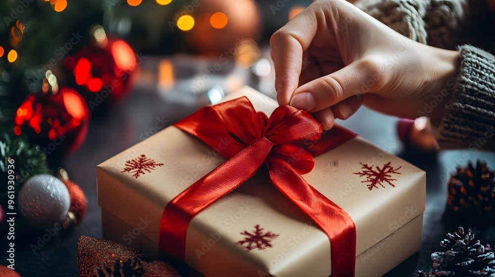 Hand-Tying Ribbon on Gift Box: A detailed shot of a hand carefully tying a ribbon on a gift box, with festive decorations in the background.
Hand-Tying Ribbon on Gift Box: A detailed shot of a hand carefully tying a ribbon on a gift box, with festive decorations in the background.