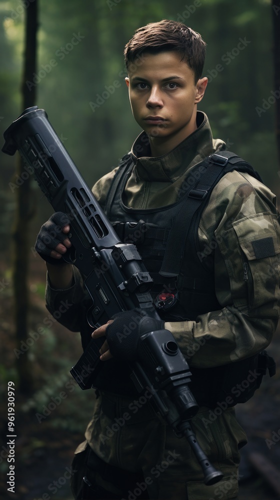 A soldier in camouflage stands alert in a lush forest, embodying bravery and determination. A man with a machine gun