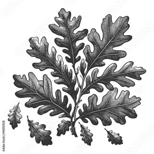 oak leaves, evoking a vintage botanical style, nature-themed designs and decor sketch engraving generative ai vector illustration. Scratch board imitation. Black and white image.