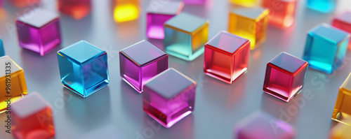 Vibrant cubes of varying sizes scattered across a light gray surface, their glossy surfaces catching the light and creating soft reflections.