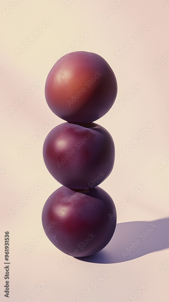 Fototapeta premium A stack of plum fruit balancing on top with solid background