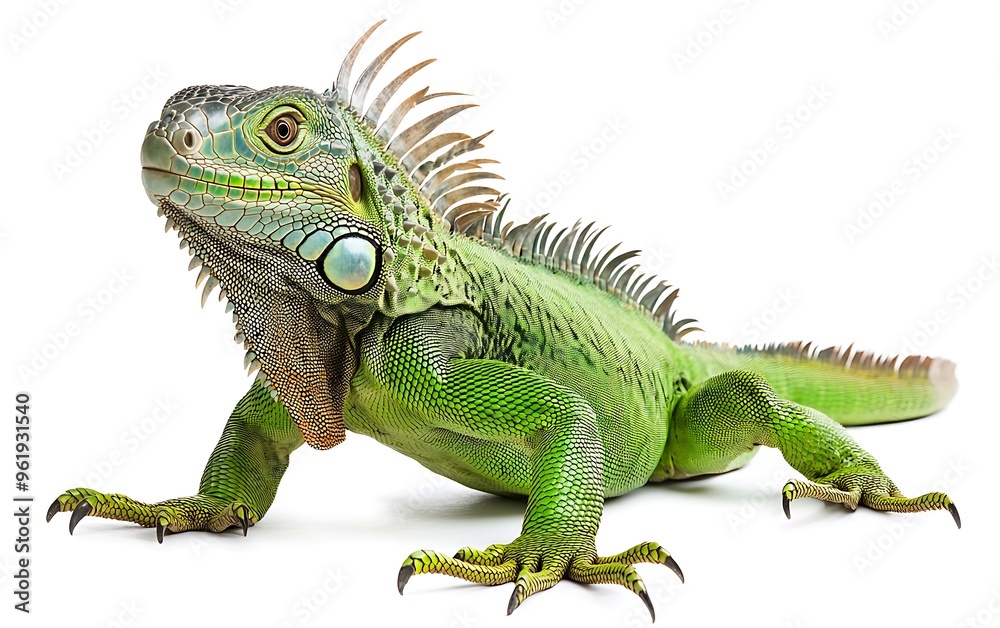 Obraz premium Majestic Green Iguana Basking in the Sun on White Background with Clipping Path