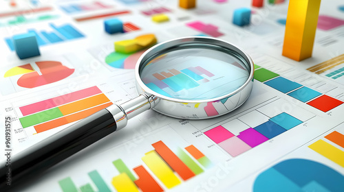 3D Floating Graph and Magnifying Glass Icon for Market Analysis - Dynamic Vector Design Representing Financial Insight on White Background