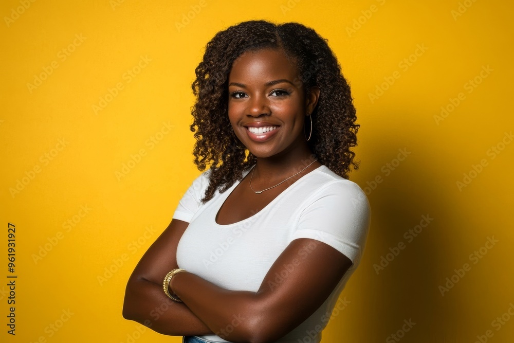 Beautiful girl with perming coiffure dressed in stylish shirt holding arms folded isolated on vibrant yellow color background Beautiful girl with perming coiffure dressed in stylish shirt holding arms folded isolated on vibrant yellow color background