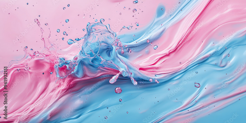 A turquoise and pink oil liquid splash twisting together in mid-motion, with droplets scattering across the scene.