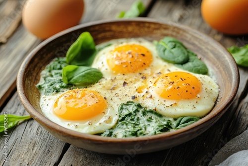 Spinach puree Florentine eggs on wooden table vertical