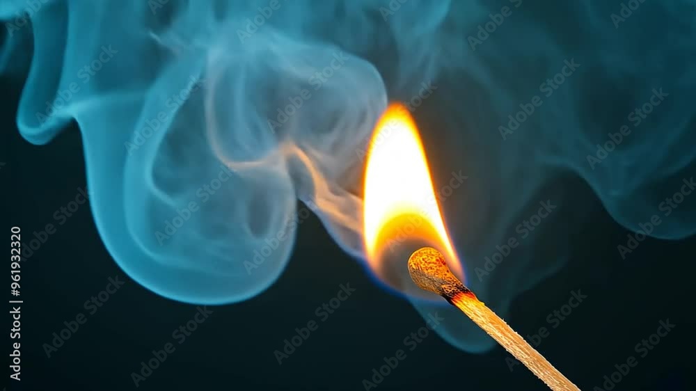 Ignition: A lone match ignites, its flame a beacon against a backdrop of ethereal blue smoke. Ignition: A lone match ignites, its flame a beacon against a backdrop of ethereal blue smoke.