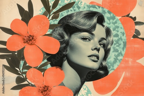 Woman's Face Surrounded by Orange Flowers and Green Leaves in a Collage Style