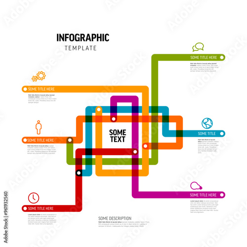Multipurpose infographic template with color lines that makes some abstract map and icons with descriptions all on white background