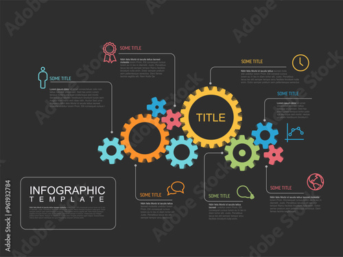 Multipurpose infographic report template made from cogwheels icons and descriptions. Infochart template for engine or wheel mechanism with color wheels on dark background