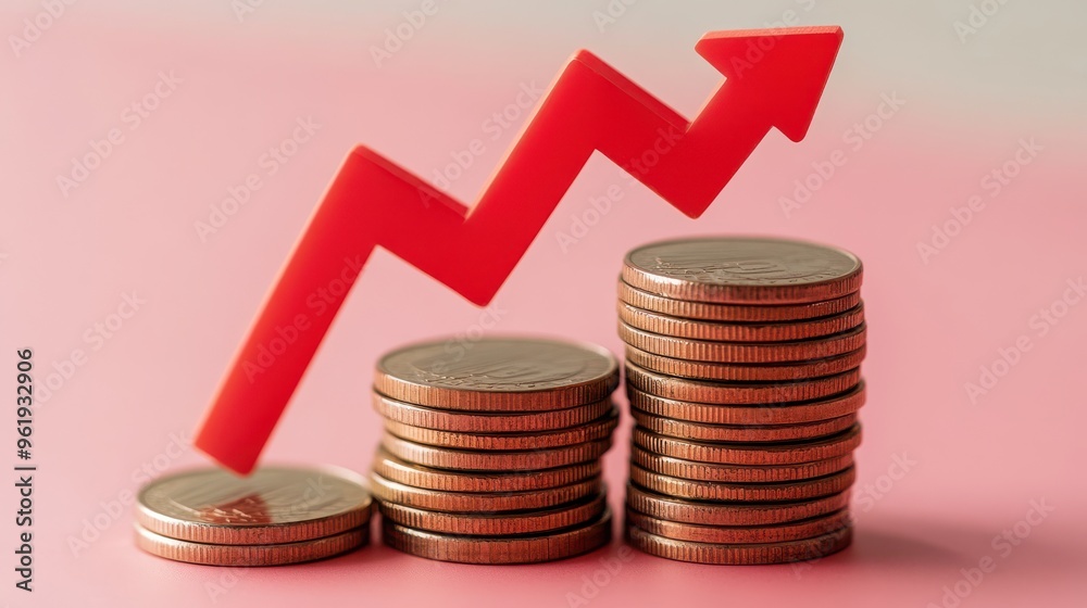 Stacked coins with a red upward arrow symbolizing financial growth, increased profits, or successful investments on a pink background.
Stacked coins with a red upward arrow symbolizing financial growth, increased profits, or successful investments on a pink background.