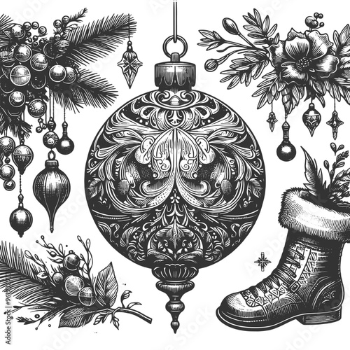 vintage Christmas ornaments and decorations, including baubles, stars, and festive foliage sketch engraving generative ai vector illustration. Scratch board imitation. Black and white image.