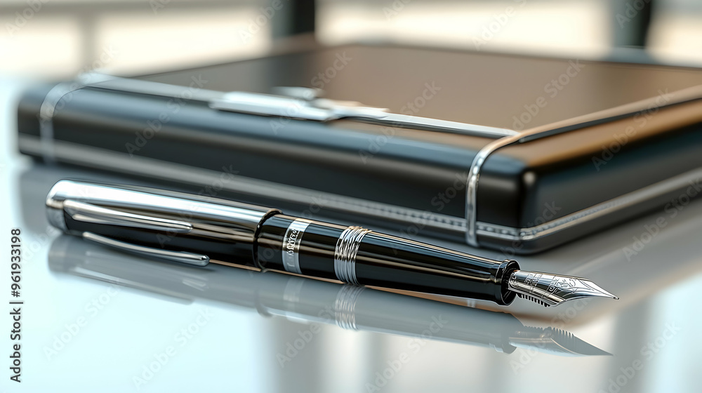 3D Glossy Briefcase with Marketing Documents and Fountain Pen on Polished Surface - Professional Marketing Concept Icon 3D Glossy Briefcase with Marketing Documents and Fountain Pen on Polished Surface - Professional Marketing Concept Icon