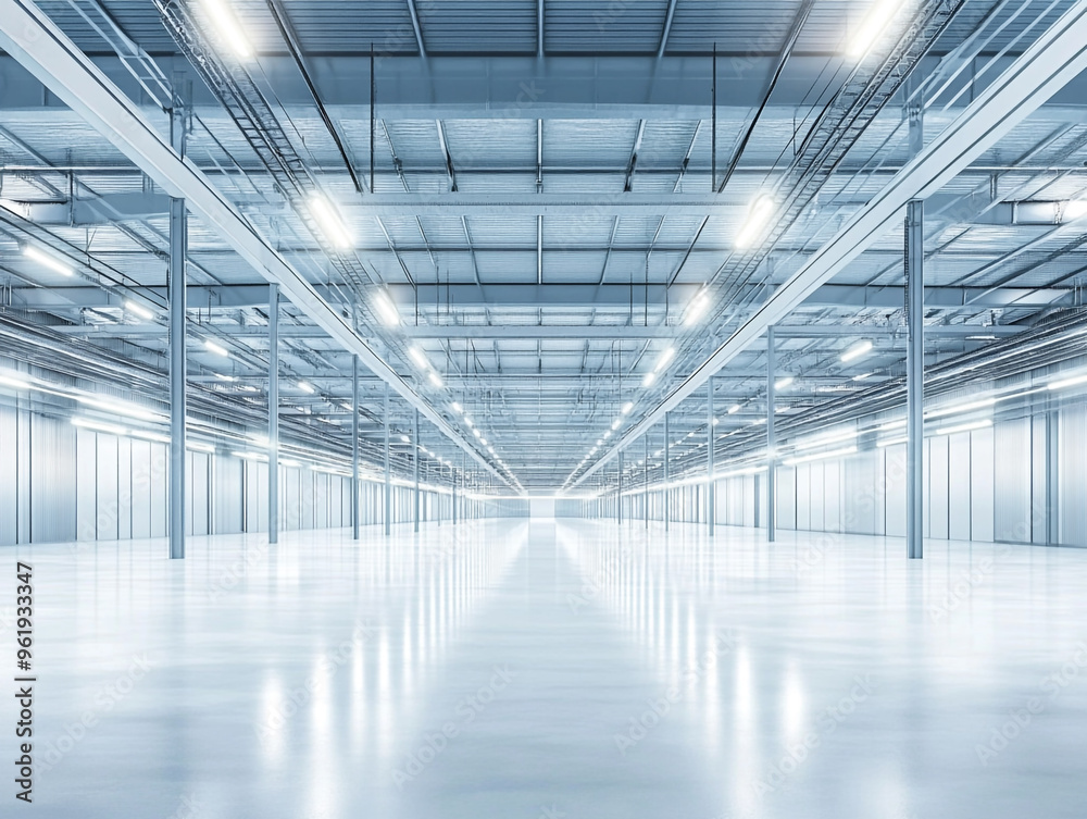 A large, empty warehouse with steel beams and white floors, illuminated by bright lights. A large, empty warehouse with steel beams and white floors, illuminated by bright lights.