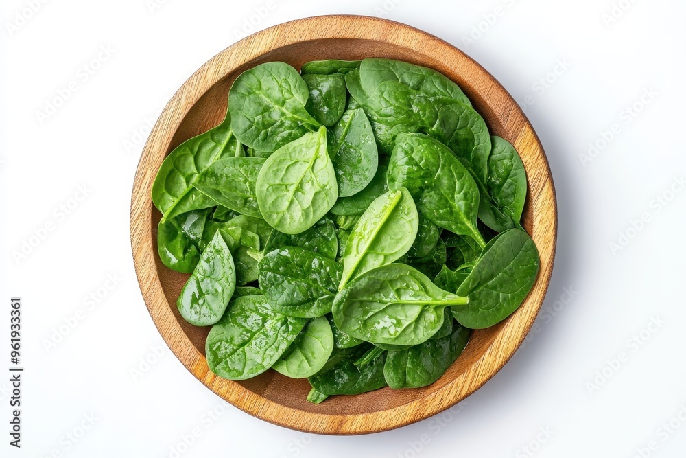 Spinach salad on wood plate isolated on white background Spinach salad on wood plate isolated on white background