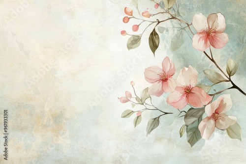 Watercolor Painting of Pink Flowers and Green Leaves on a Textured Background