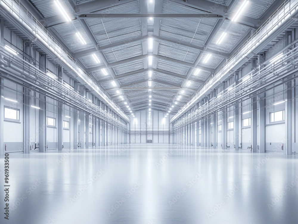 A large, empty warehouse with steel beams and white floors, illuminated by bright lights. A large, empty warehouse with steel beams and white floors, illuminated by bright lights.